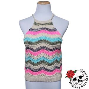 Woven Heart Multicolored Knit Halter Top Womens Small with Tie Neck